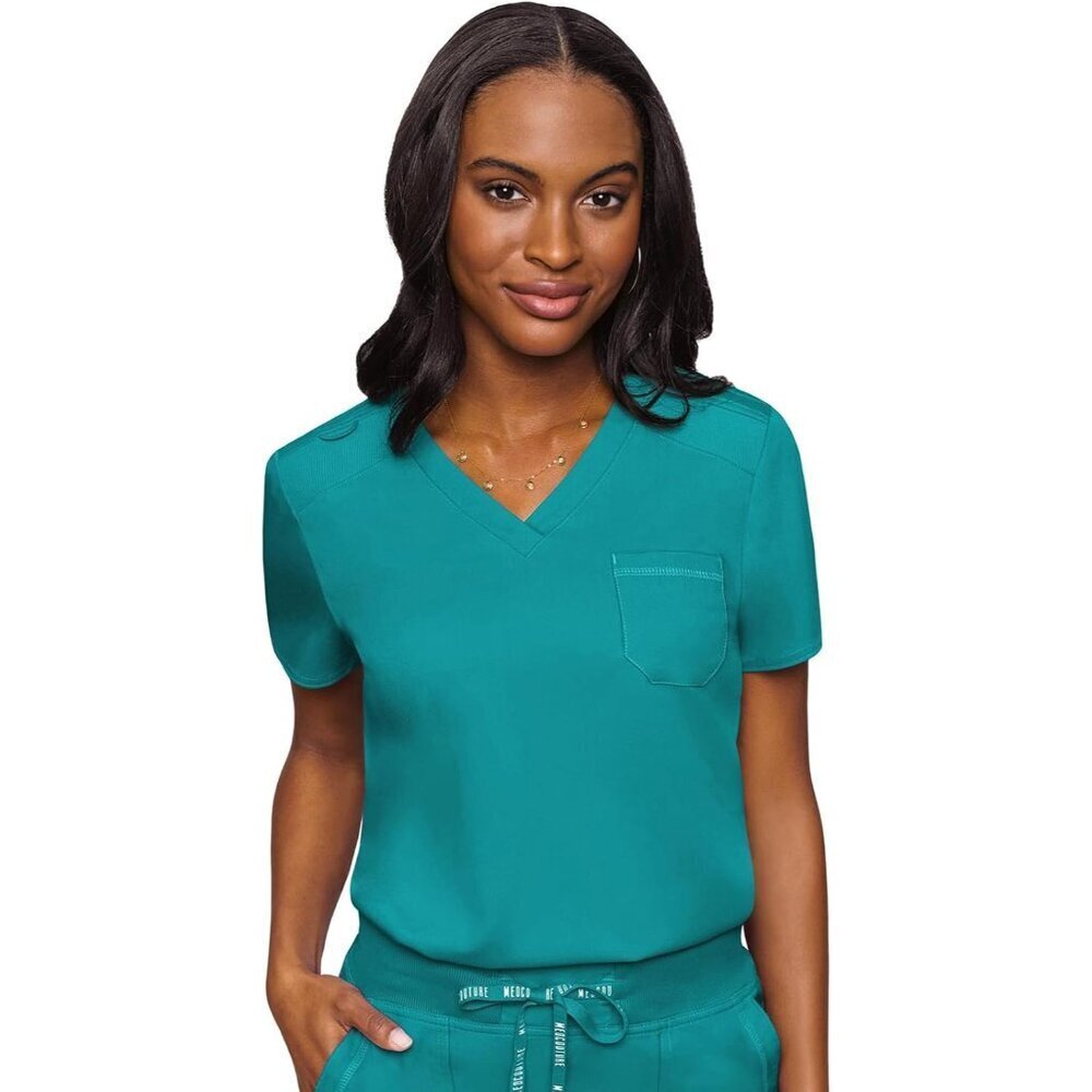Women's Scrub Top Stretch Rib-Knit Shoulders Chest Pocket Tuck-In Large